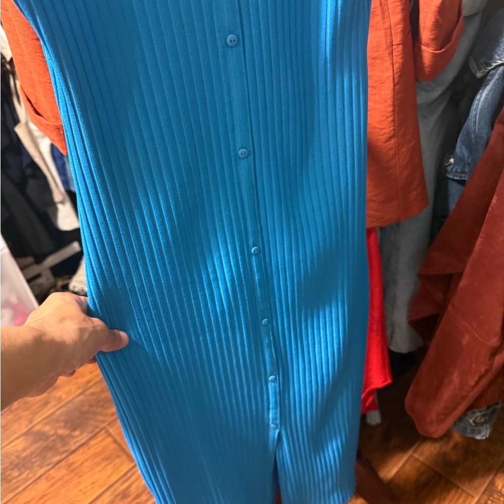 Zara Blue Ribbed Button-Front Dress